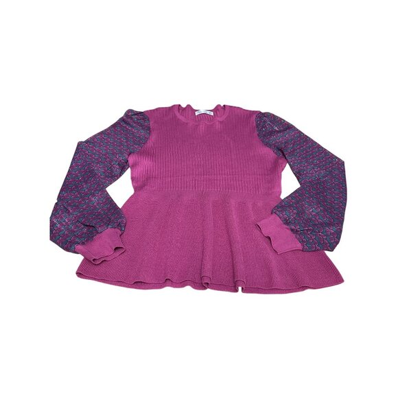 89th Madison NWT Medium Sheer Magenta Haze Knit Peplum Top Mesh Balloon Sleeves - Picture 8 of 12